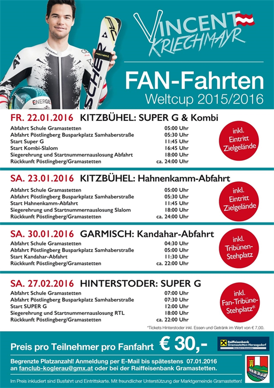 Vincent Kriechmayr - Fanfahrten zu Schiweltcup-Rennen 2015/16